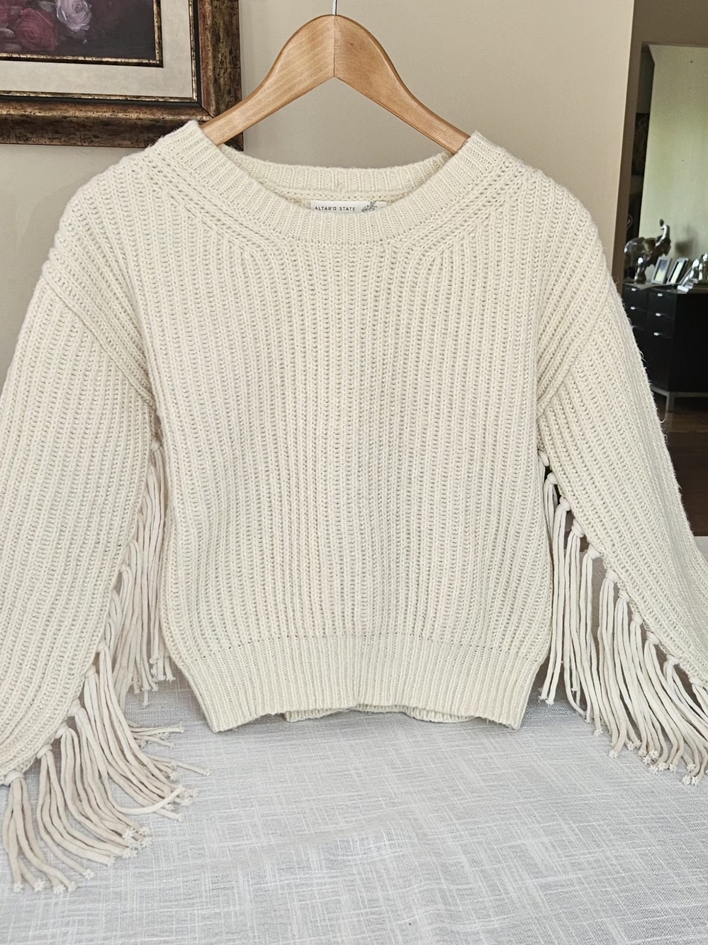 Cream Fringe Rib-Knit Sweater - Altar'd State